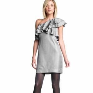 Banana Republic One Shoulder Ruffle Short Cocktail Party Dress Metallic Grey 4